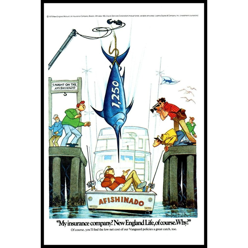 1979 Rowland Wilson New England Life Vintage Print Ad Swordfish Marlin Wall Art
